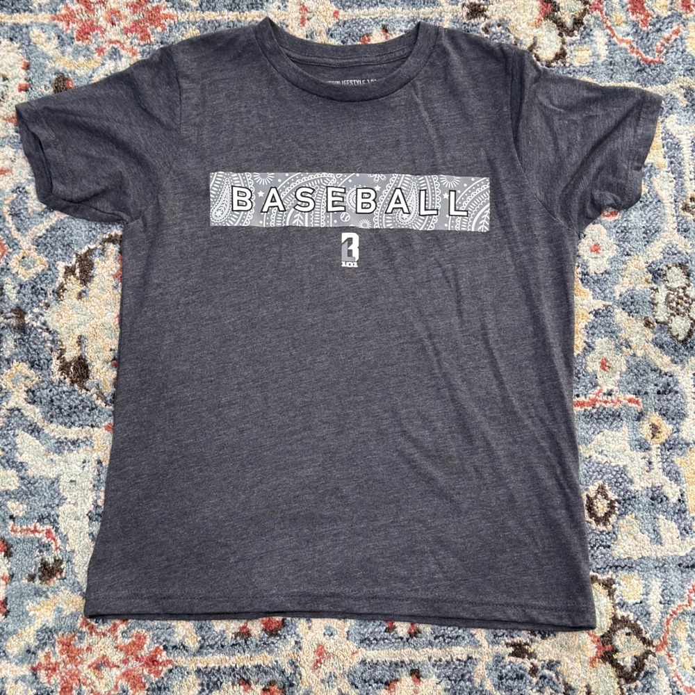BSBL Lifestyle 101 T-Shirt Boys Youth Large Gray Baseball Paisley Sport EUC